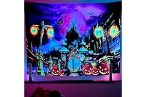 HYSENM Blacklight Castle Tapestry 130x150CM Halloween Pumpkins Bats Moon Post Lamps Poster Scary Hippe Room Decor Bedroom UV Reactive Wall Hanging