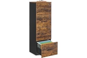 VASAGLE Meuble de Bureau, Meuble de Rangement, Support pour Imprimante, avec 4 Tiroirs Verrouillables, Tringles Réglables, Compatible avec Formats A4, Marron Rustique et Noir d'encre OFC082K02