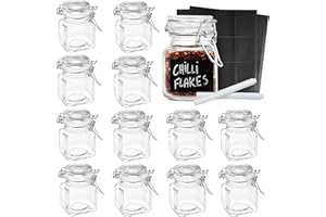 OS OAK & STEEL ENGLAND Oak & Steel - 24 Mini Clip Top Glass Spice Storage Jars - 100 ml Glass Canister Containers with Lids, 48 Labels and 2 Chalk Pen (8 x 5cm) - Perfect for Spice Storage, Jam, Honey, Gifting