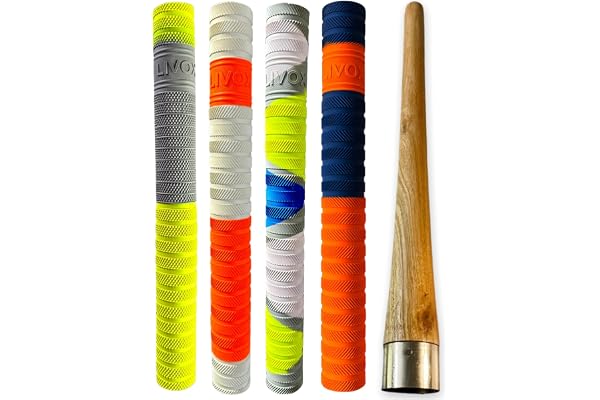 Sixteen Cricket Bat Handle Rubber Grips Set with Wooden Grip Cone Pack of 5 (4 Rubber Grips + 1 Wooden Cone, Multi-Design 2)