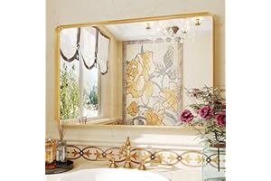 antok Dekoracyjne lustro ścienne, złote, 60 x 90 cm, prostokątne lustro ścienne z metalową ramą, do łazienki, pralni, sypialni