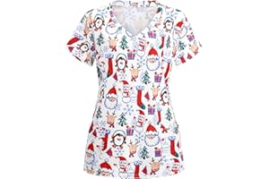 thuthu Weihnachten Kasacks Damen Pflege Bunt Motiv Kittel Damen Berufskleidung Kurzarm V-Ausschnitt Krankenschwester Kostüm Mit Taschen Laborkittel Berufsbekleidung Damen - Kasack - Tunika