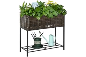 Outsunny podwyższona grządka z technorattanu skrzynka na kwiaty z nóżkami donica z półką kolor brązowy 70 x 30 x 70 cm