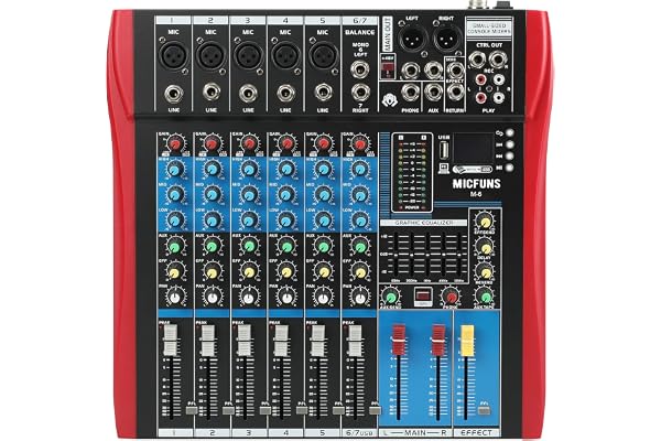 Micfuns, M6, console de mixage professionnelle, audio, DJ, console à barre de son avec USB/MP3/Bluetooth, scène, en direct, table de mixage intégrée, effet numérique, musique, mixeur, 7 canaux, + 48 V