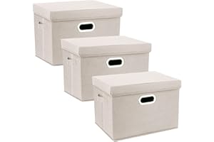 TYEERS Large Storage Box with Lid, Collapsible, Washable, Fabric Storage Box for Clothes, Wardrobe Storage, 44x30x29 cm, Set of 3, Beige