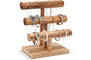 ProCase Support de bracelet en bois à 3 étages en forme de T amovible - Support de bijoux - Présentoir vintage - Support de montre - Rangement pour bracelets, pinces à cheveux, montres - Naturel