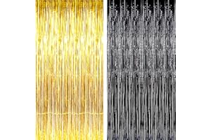 AILEXI 2 Pack 3ft*8ft Party Supplies Foil Fringe Shimmer Curtains, Door Window Decorations Streamers or Wall Backdrop Tinsels - Black Gold