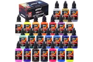 ARTFLY Pittura Colori per Aerografo, Set di 24 Colori per Aerografo Include Colori Metallici/Neon, Pitture Acriliche per Aerografo Opache/a Base d'Acqua per Pelle/Scarpe per Artisti, Principianti