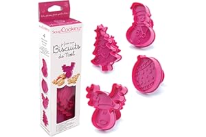 SCRAP COOKING ScrapCooking - Kit Je Fais mes Biscuits de Noël - 4 Découpoirs Emporte-pièces en 3D avec Poussoirs : Bonhomme de Neige, Boule de Noël, Renne, Sapin – Moules Pâtisserie Plastique avec Éjecteurs - 2031