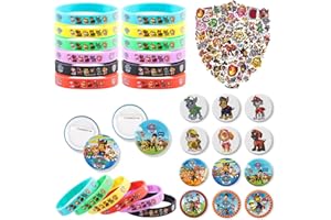 CHUKUA Dog Mitgebsel Kindergeburtstag-74pcs Hund Patrol Spielzeug Set mit 50 Aufkleber Kinder 12 Abzeichen 12 Silikon Armbänder für Geschenk Mitgebsel Kinder geburtstag Deko Party Zubehör Junge Mädchen