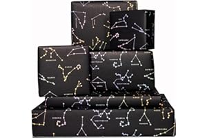 Central 23 - Papel de regalo negro para cumpleaños - 6 hojas de papel de regalo - Constelaciones - Zodíaco - Magia - Papel de regalo para niñas, niños, mujeres y hombres