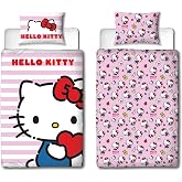 Hello Kitty Single Duvet Cover Set, Hello Kitty Design, 2 Sided Reversible Bedding, Includes Matching Pillowcase, Kids Bedroo
