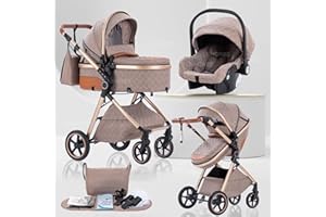 Lnhcrbs Poussette 3 en 1 avec Nacelle, Poussette de Voyage's Nacelle est Pliable, Trio Poignée est Réglable, les Roues sont en Matériau PU, pour Enfant de la Naissance à 3 Ans,Kaki