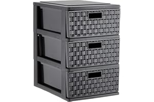 Sundis Country Schubladenbox mit 3 Schübe in Rattan-Optik, Kunststoff (PP), schwarz, A5 (25 x 18x 28.5 cm)