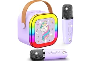 DOYRAN Karaoke Machine for Children With 2 Microphones, Wireless Bluetooth Speaker, Unicorn Gifts for Girls, 3-12 Year Old Girls, Birthday Presents, Microphone For Children's Toys（Purple）