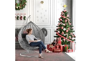 GadgetHaven Egg Chair - Outdoor Hanging Chair with Weather-Resistant Rattan, Thick Cushion & Steel Frame - Modern Patio Furniture for Garden, Balcony & Poolside (Grey Egg Chair & Black Cushion)
