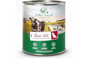 Müllers Naturhof - Rind und Ente - 6 x 800 g - Nassfutter für alle Hunderassen - getreidefrei und glutenfrei - mit Gartengemüse und Wiesenkräutern - naturnahe Rezeptur mit 65% Fleisch