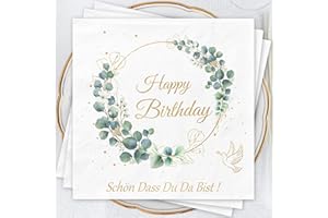 AFYHH Geburtstags Servietten Geburtstags Tischdeko - 3-Lagige Happy Birthday Servietten Schön Dass Du Da Bist Servietten Eucalyptus Grün Servietten Taufe Frau Mann Geburtstags Deko (40 Stück)