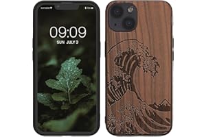 kwmobile Carcasa Compatible con Apple iPhone 13 Funda - Funda de Madera de Nogal con Bumper antigolpes - Estampa Japonesa