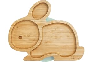 Koko Kids Assiette a ventouse en bambou ~ assiette lapin pour nourrir bébé et enfant en bas âge ~ en bambou naturel avec forte ventouse