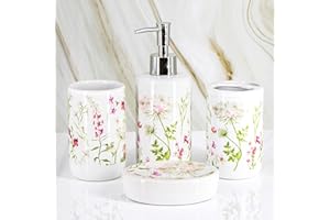 KVOTA Bad Accessoire Set aus Keramik 4-Teilig.: Seifenspender Zahnputzbecher Zahnbürstenhalter Seifenschale (Design Fleur). Robust und bequem Farbe: weiß, mit Dekofolie