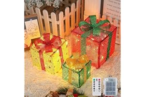 Lypumso Juego de 3 Cajas de Regalo Navidad Iluminadas, 50Leds Cajas Decorativas Navidad Luces 8 Modos con Control Remoto, Estrellas Cajas Regalo LED para Decoracion Navideña, árbol de Navidad, Fiesta