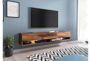 PIASKI - Lowboard A, Mobile TV da 180 cm, colore legno invecchiato, mobile sospeso per soggiorno (con illuminazione a LED)
