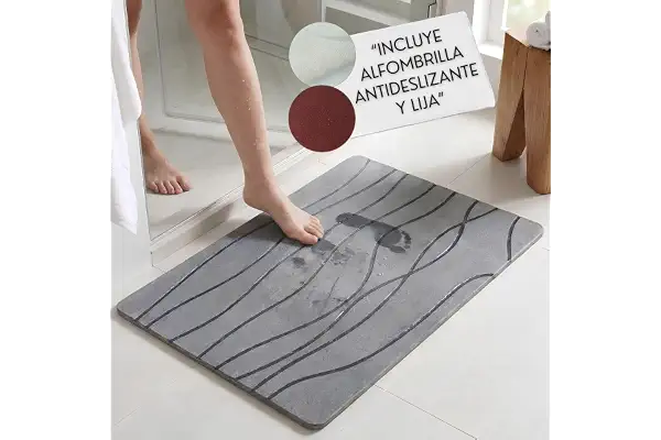 POPYS Alfombra de Baño de Diatomita 60x40cm + Malla Antidesliza y Lija Inlcuída | Piedra Natural Tierra de Diatomeas, Absorbente de Secado Rápido, Antimoho y Antibacteriana. (1 Unidad Armonía Gris)