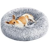 Feandrea Dog Bed, Donut Cat Bed, Fluffy Calming Pet Bed with Removable, Washable Cover, Soft Long Plush, 50 cm, Grey