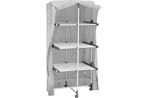 BLACK+DECKER 63091 3-Tier Heated Clothes Airer with Cover & Wheels Aluminium, Cool Grey, 140cm x 73cm x 68cm