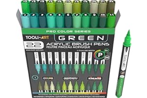 TOOLI-ART Akrylowe pisaki z elastyczną końcówką pędzelkową, markery, 1–7 mm, do malowania skał, szkła, drewna, metalu, tkanin, plastiku, nietoksyczne, na bazie wody, szybkoschnące, zielone