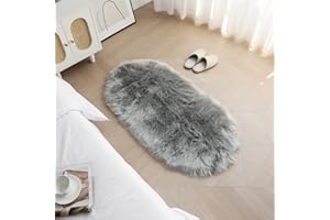 Achiiso Oval Fluffy Area Rug,Non-Slip Plush Faux Fur Rug for Bedroom,Living Room,Kid Room,Dorm Room,Lounge Room (Oval Grey,60x120 cm)