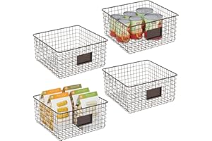 mDesign Juego de 4 Cajas Multiusos de Metal – Caja organizadora con Espacio para Poner Etiqueta para Cocina, despensa, etc. – Cesta de almacenaje de Alambre, compacta y Universal – Color Bronce