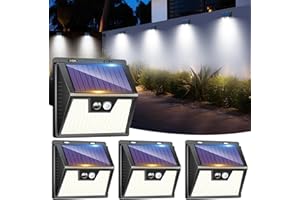 LOTMOS Lot de 4 Lampe Solaire Exterieur Detecteur de Mouvement, 176 LED Lumiere Extérieur IP65 Étanche Spot Solaire 3 Modes Eclairage Exterieure, Projecteur Extérieure pour Jardin Garage, Blanc Froid