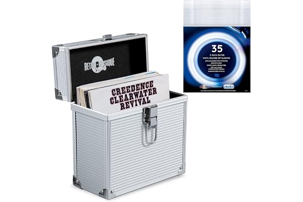 Retro musique Boîte de rangement en aluminium de 17,8 cm pour disques en vinyle pouvant contenir jusqu'à 35 EP (dans des enveloppes en PVC) et 35 poches extérieures pour disques en vinyle