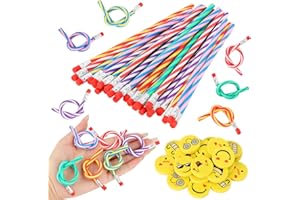 VEUWOLM 48 Piezas Lápices Flexibles y Goma de Borrar Kit, 24 Lápiz Curvador & 24 Smiley Emoticon Gomas,Lápices Mágicos para niños,Lápices Flexibles para Colegios, Fiestas, Premios, Regalos de Navid