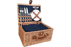 Red Hamper 2 Person Blue Tweed Fitted Picnic Basket Brown, Height 30cm x Width 40cm x Depth 19cm