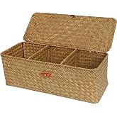 FEILANDUO Seagrass Storage Basket with Lid Hand-Woven Wicker Shelf Basket Rectangular Storage Box Bathroom Desktop 3 Section Organiser 3 Sections with Lid