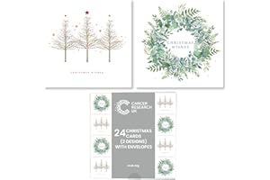 Cancer Research UK Box of 24 Charity Christmas Cards - 2 Designs - Tree & Wreath
