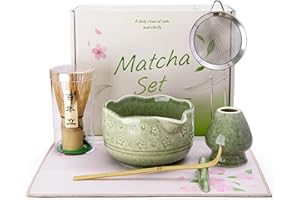 Doublewhale Matcha Set - Whisk and Bowl Kit, Matcha Whisk Set 7PCS Ceramic Bowl and Holder, Bamboo Scoop and Holder, Sifter, Tea Cloth, Making Kit Gift for Beginners and Enthusiasts with Elegant Box