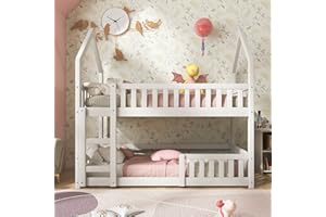 Merax Twin Bunk Bed With Ladder, Solid Wood Frame, Castle-Shaped 3FT Single Gaming Bed, 90 x 190 cm Children's Room Furniture, Wooden Frame for Kids (White)