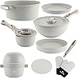 LIFE SMILE Stackable Cookware Set Nonstick 100% PFOA Free Induction Pots and Pans Set Space Saving with Cooking Utensils 13 Piece Granite Coating set (Light Grey)