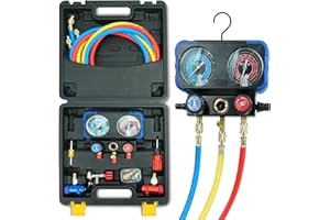 CALPOSE R1234yf AC Gauge, 3 Way AC Manifold Gauge Set for R1234yf Refrigerant, Refrigerant Gauges with 5FT Hoses，R410a Adapter, Puncturing Can Tap, Anti-Collision Dials Provide More Accurate Reading
