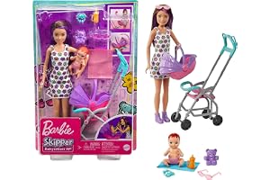 Barbie Skipper Babysitters Inc docka med lekset och tillbehör | Brunett modedocka med babydocka, barnvagn och 5 tillbehör, från 3 år, GXT34