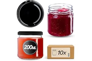 KADAX Tarros Pequeños de 200 ml, Botes de Cristal con Tapa Hermética de 66 mm para Miel, Conservas, Especias y Mermeladas (10 Unidades, Negro)