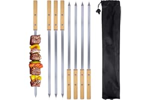 AWCIGG® 8 Piezas Brochetas Barbacoa de Acero Inoxidable con Mangos de Madera de Haya, 42cm Pinchos Barbacoa de Metal Plano, Brochetas de Barbacoa Reutilizables con Bolsa de almacenamiento