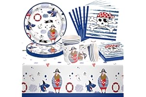 JunMallko 49 Pezzi Stoviglie per Feste Pirata, Decorazioni Compleanno Pirata, Stoviglie per Feste Pirata Includono Piatti di Carta, Bicchieri di Carta, Tovaglioli, Tovaglie - 16 Porzioni