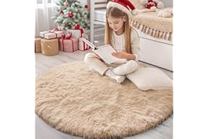 Homaxy Tappeto a pelo lungo, morbido, con fondo antiscivolo, lavabile, per il soggiorno, la cameretta dei bambini, la camera da letto - 120 cm rotondo, Beige