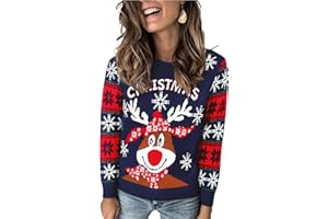 Uniexcosm Navideño Suéter para Mujer Invierno Pullover de Punto Suéter de Cuello Redondo Jersey Navideño Punto Alce Suéter de Navideño Manga Larga Pullover de Punto