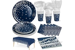 Nkaiso Paper Plates Napkins Cups Set, 141 Pieces Navy Blue and Silver Kids Birthday Party Tableware Party Supplies Set Includes Paper Plates Napkins Cutlery for Wedding Shower Engagement -20 Guests